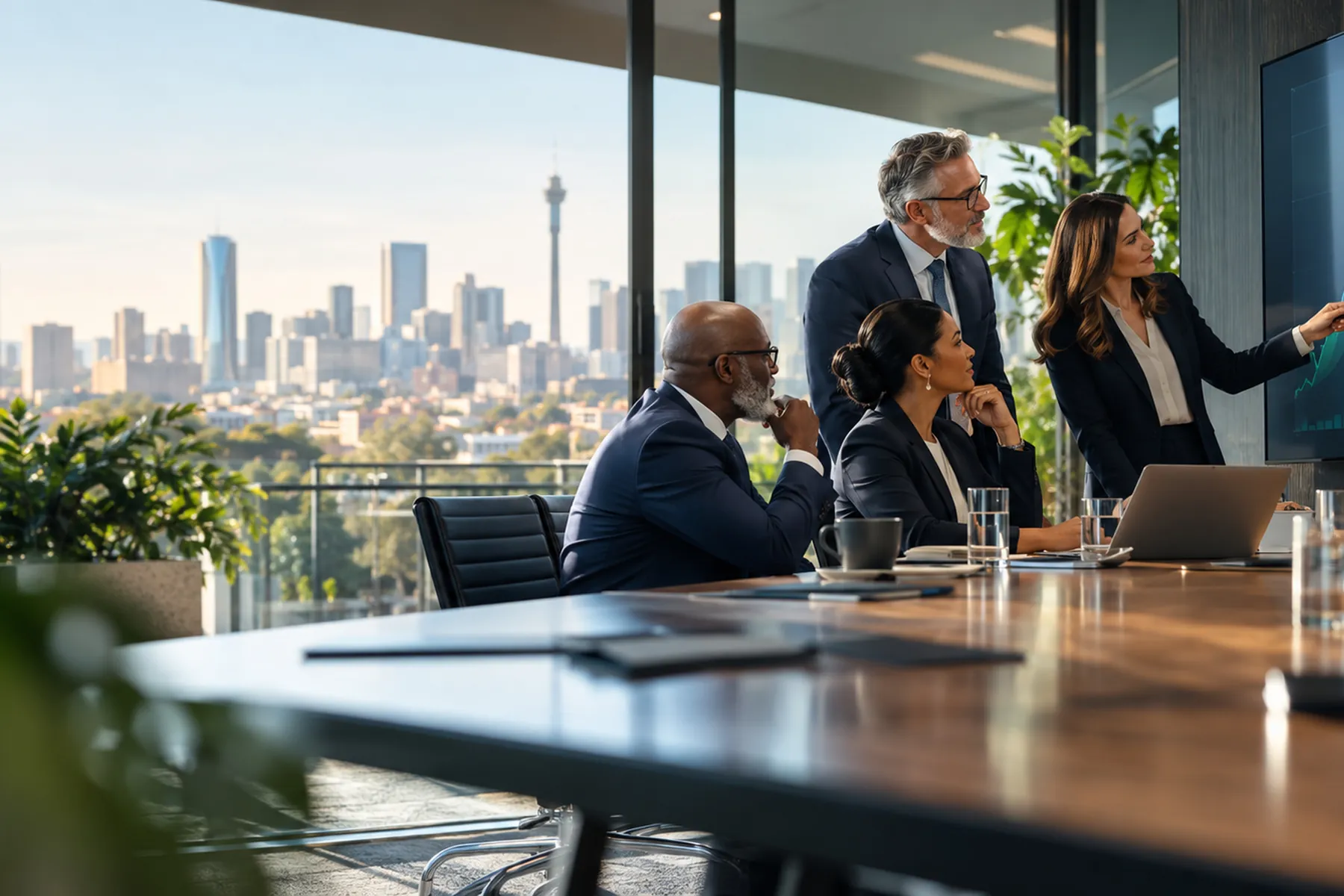 Advisory meeting in a boardroom overlooking Johannesburg